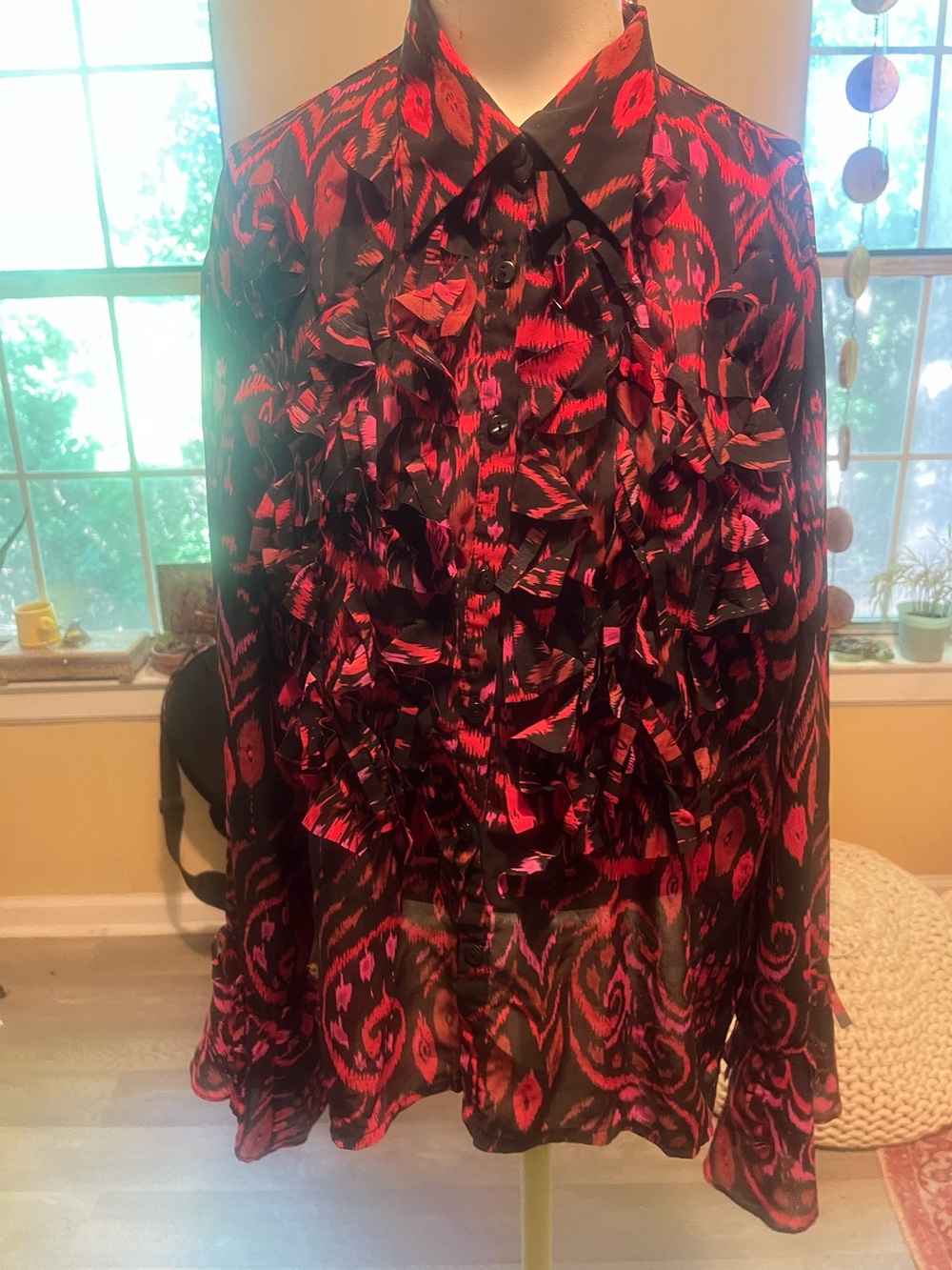 Ruffled Sheer Long-Sleeve Blouse in Red and Black Fairycore